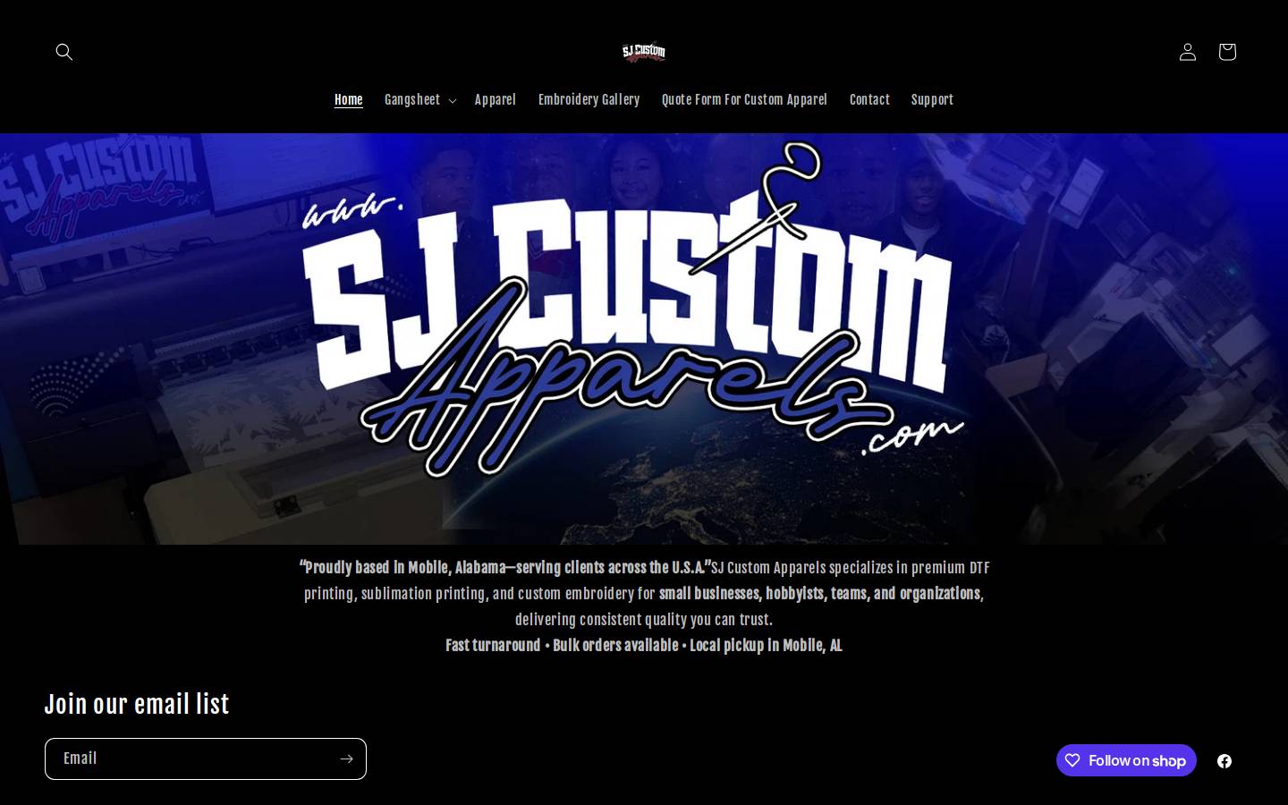 sjcustomapparels.com homepage screenshot