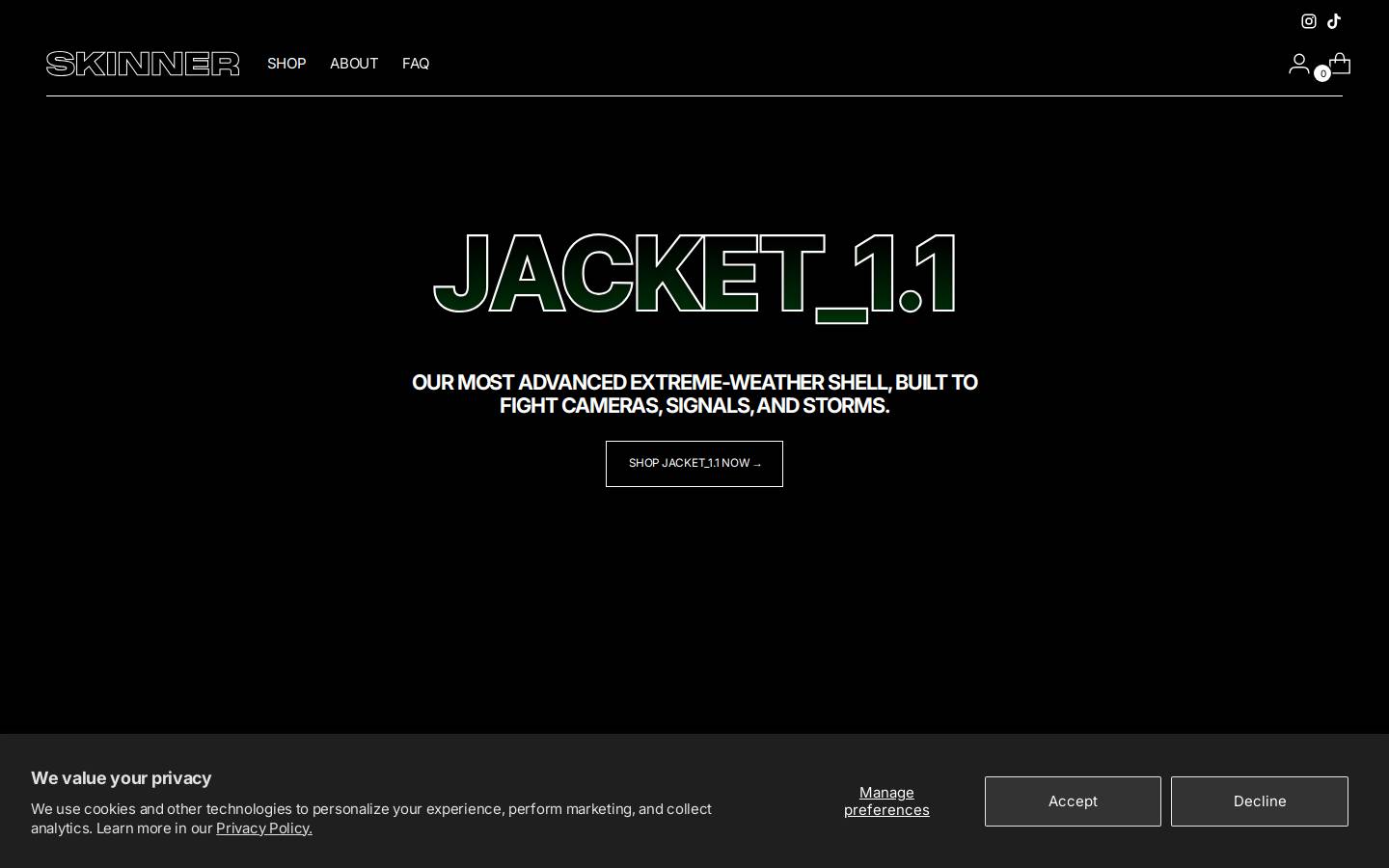 skinnerwear.com homepage screenshot