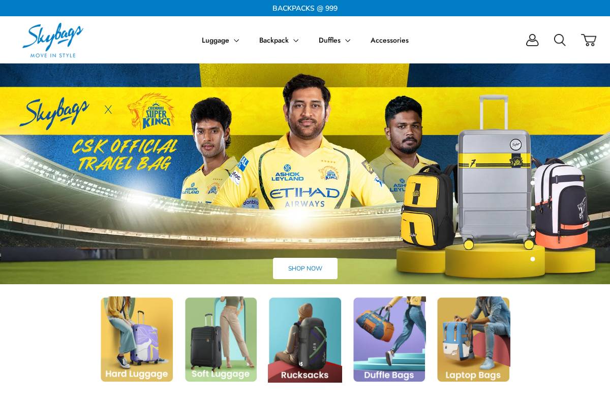 skybags.co.in homepage screenshot
