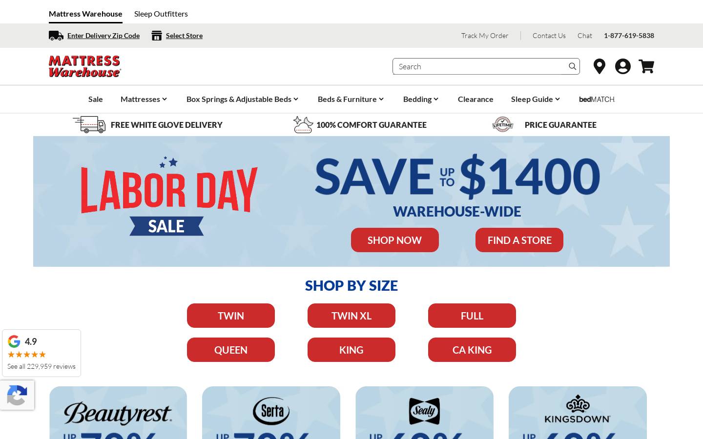 Mattress Warehouse homepage screenshot