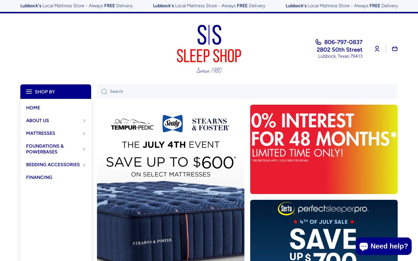 sleepshoptexas.com homepage screenshot