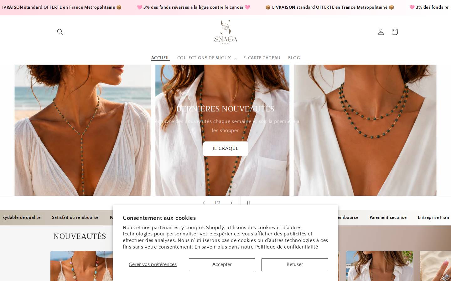 SNAGA Jewelry homepage screenshot