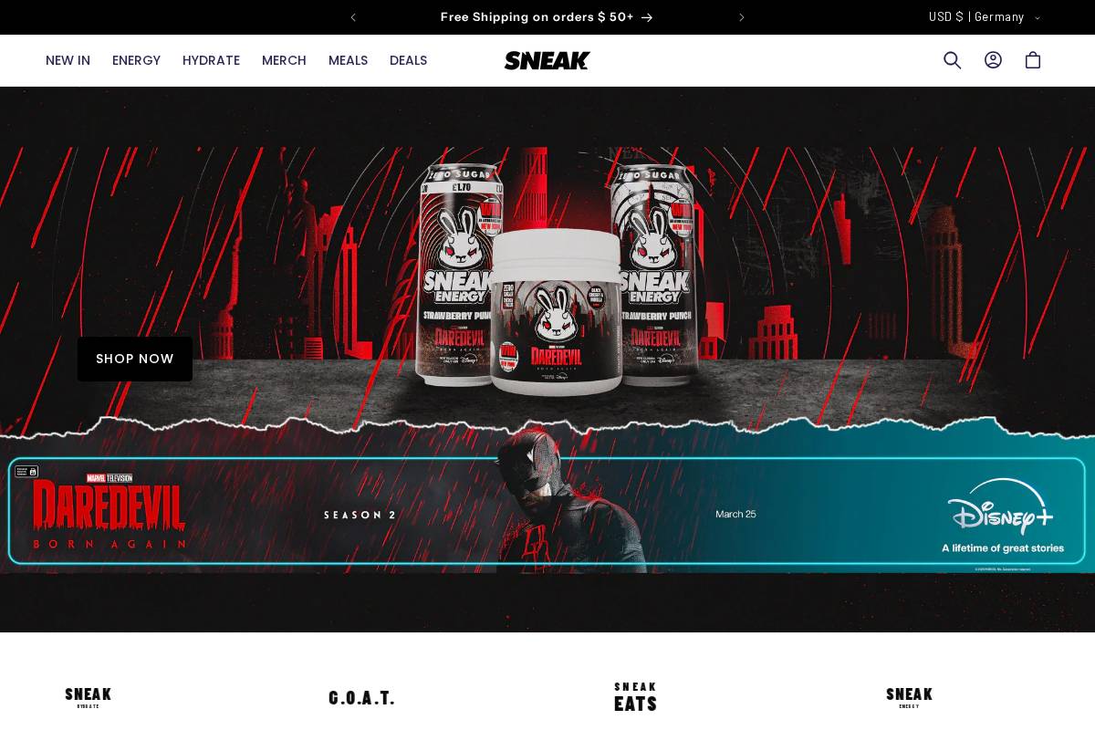 Sneak Energy homepage screenshot