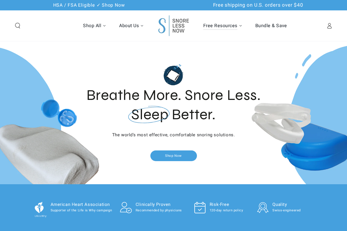 SnoreLessNow homepage screenshot