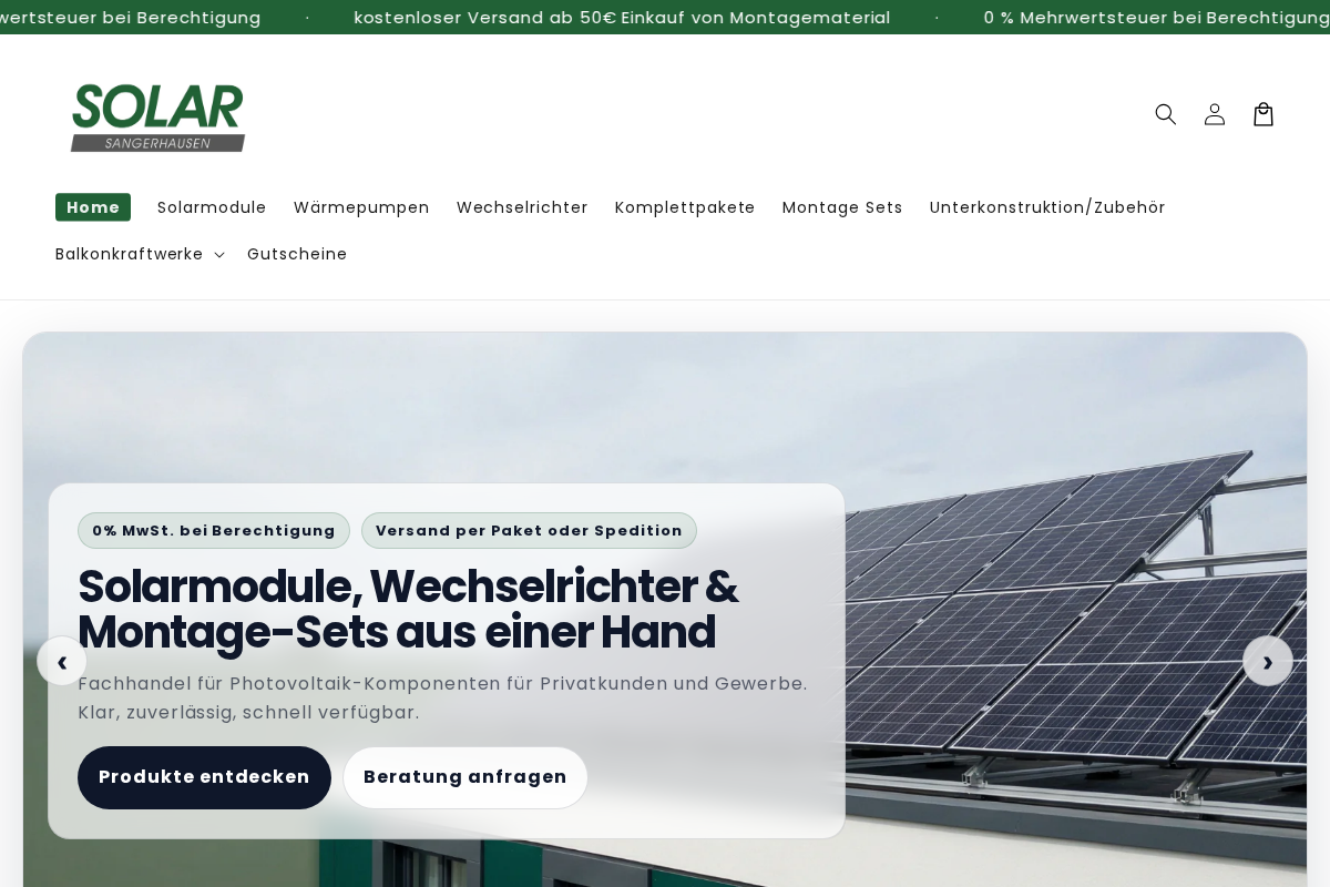 Solar SGH Shop homepage screenshot