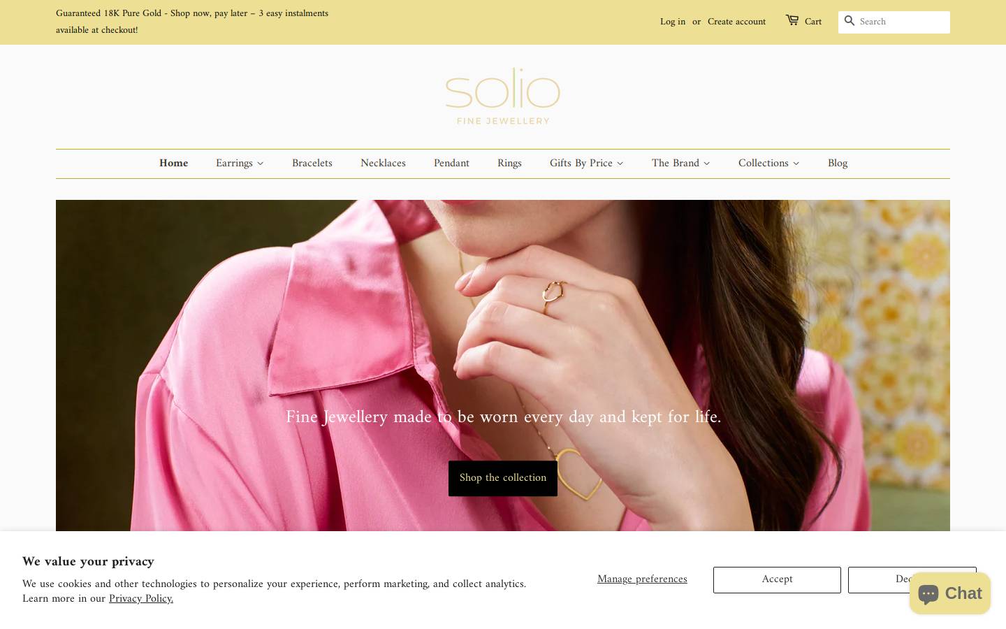 Solio Jewellery homepage screenshot