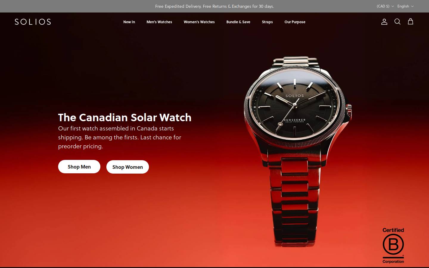 Solios Watches homepage screenshot