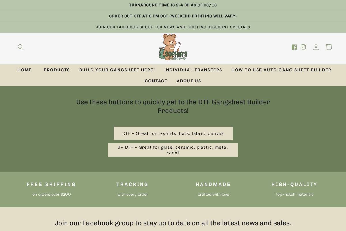 sophiascraftsandprints.com homepage screenshot