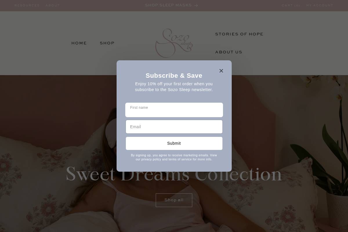 sozosleep.com homepage screenshot