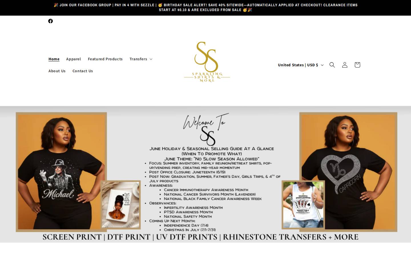 sparklingshirts.com homepage screenshot