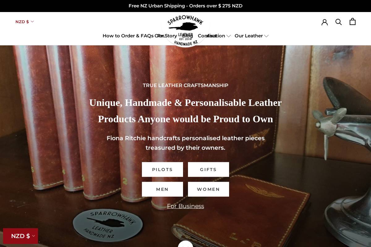 sparrowhawkleather.co.nz homepage screenshot