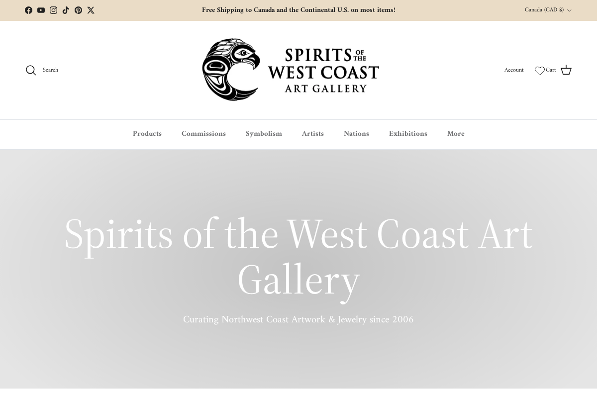 Spirits of the West Coast Art Gallery homepage screenshot