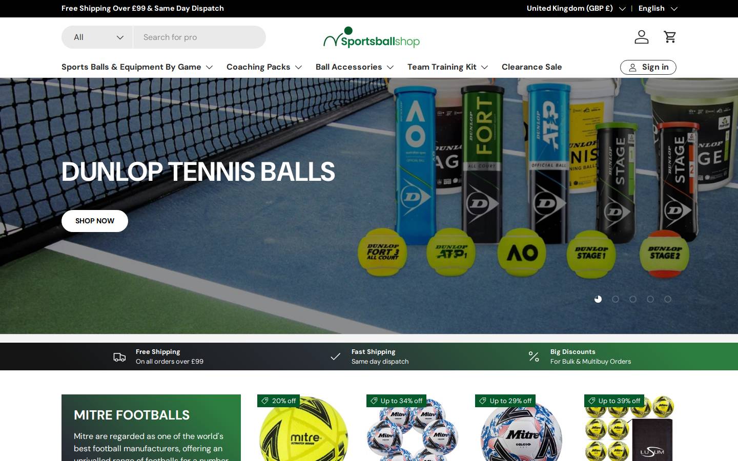 Sports Ball Shop homepage screenshot