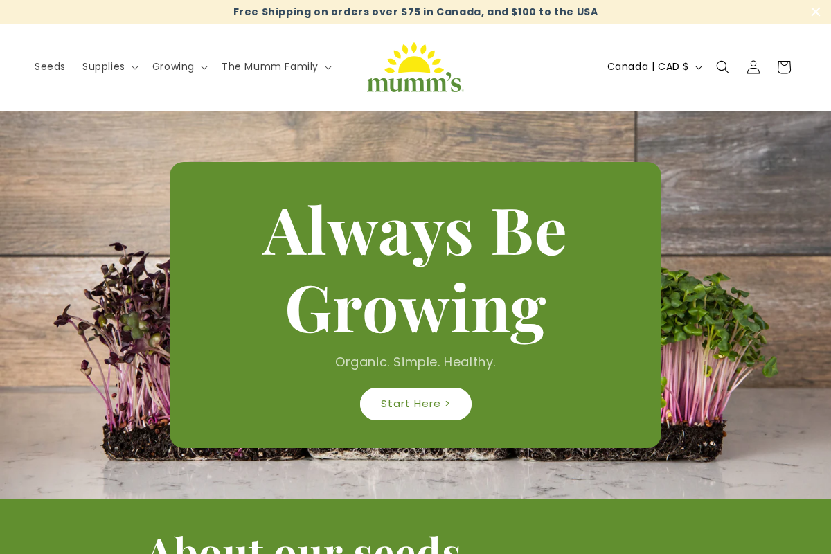 Mumm's Sprouting Seeds homepage screenshot