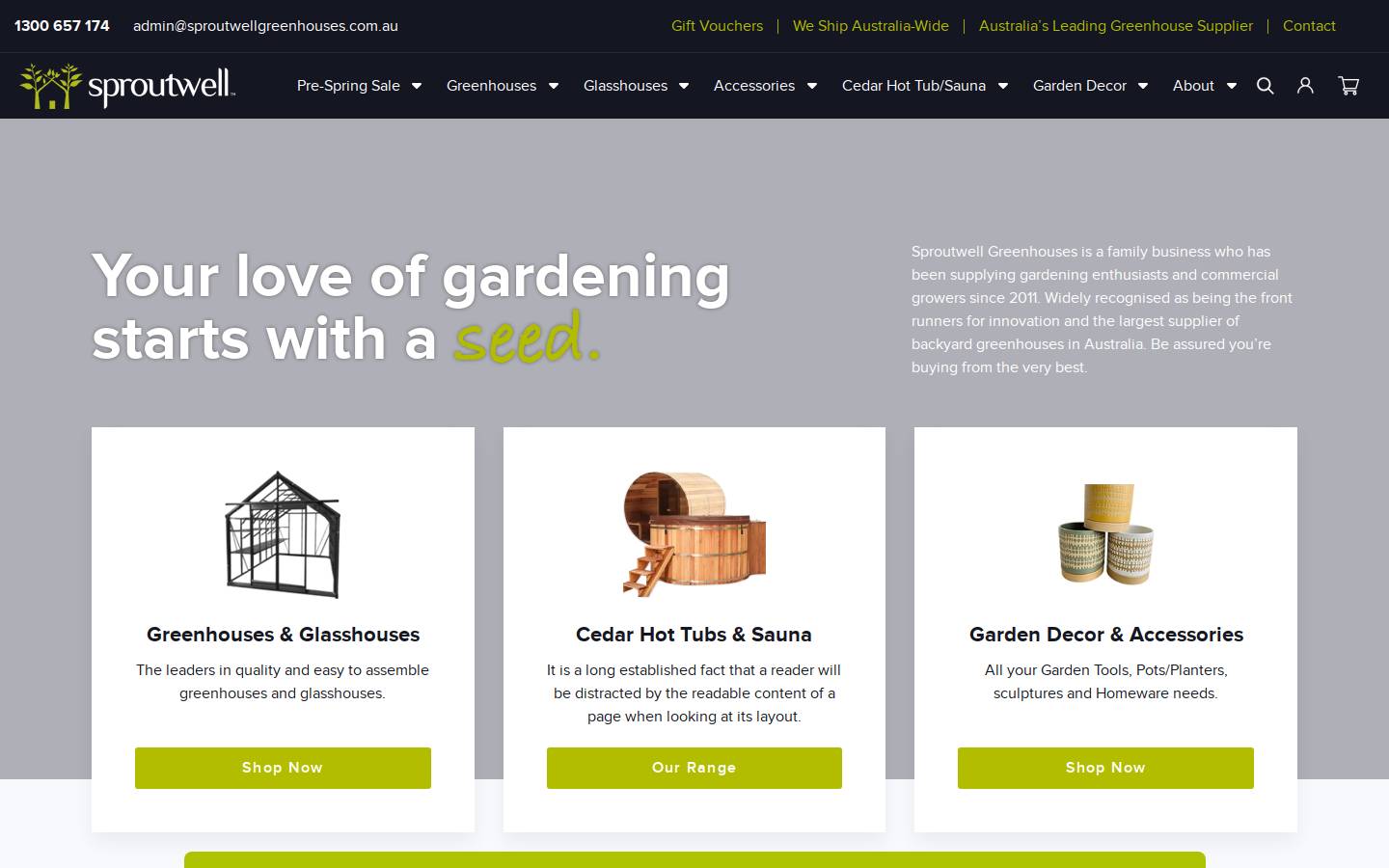 sproutwellgreenhouses.com.au homepage screenshot