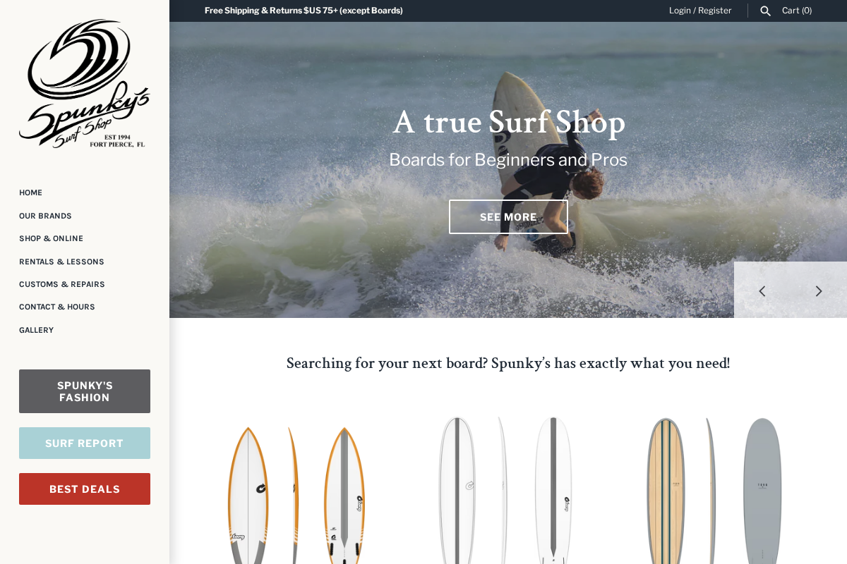 spunkyssurfshop.com homepage screenshot