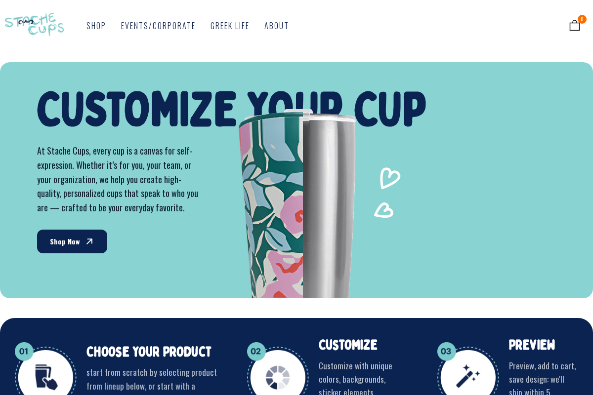 Stache Cups homepage screenshot