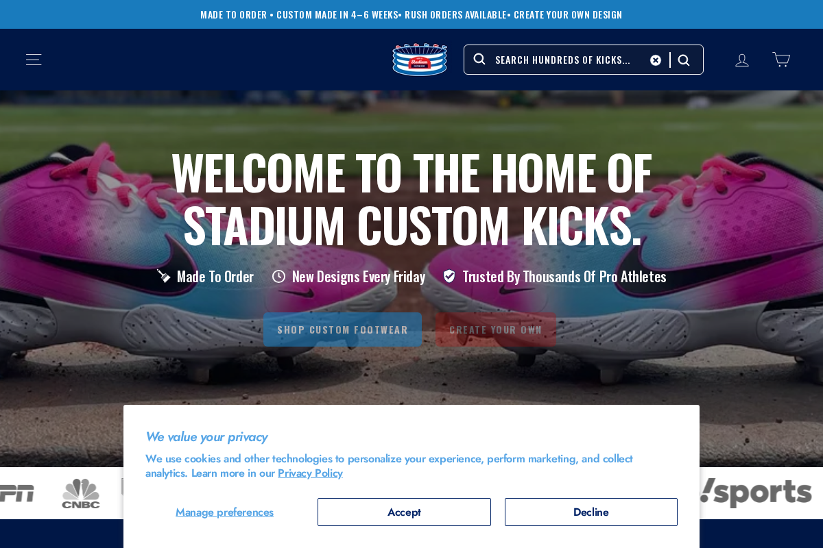 Stadium Custom Kicks homepage screenshot