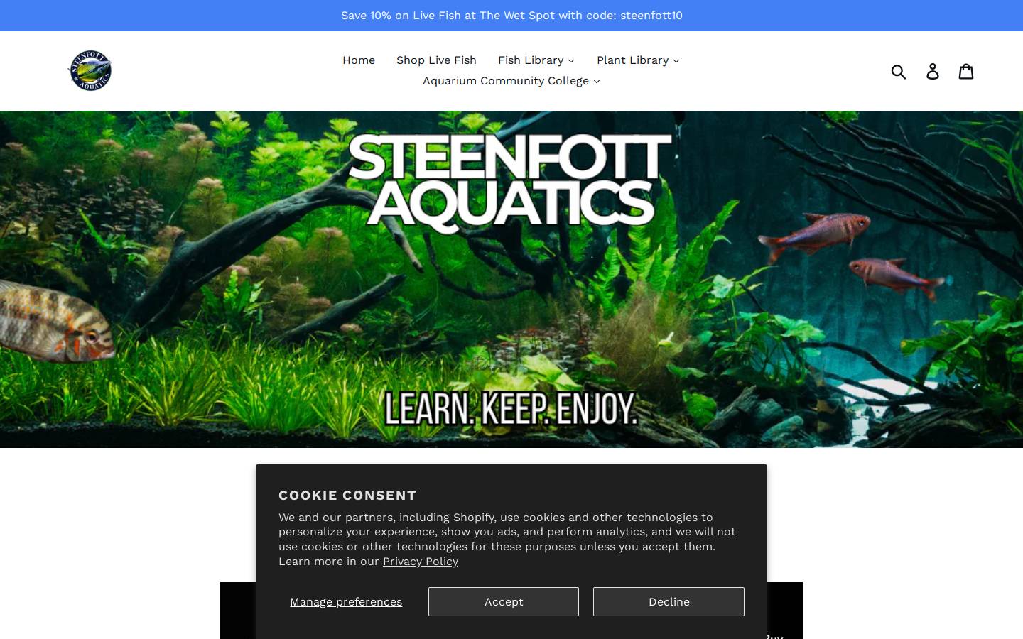 steenfottaquatics.com homepage screenshot