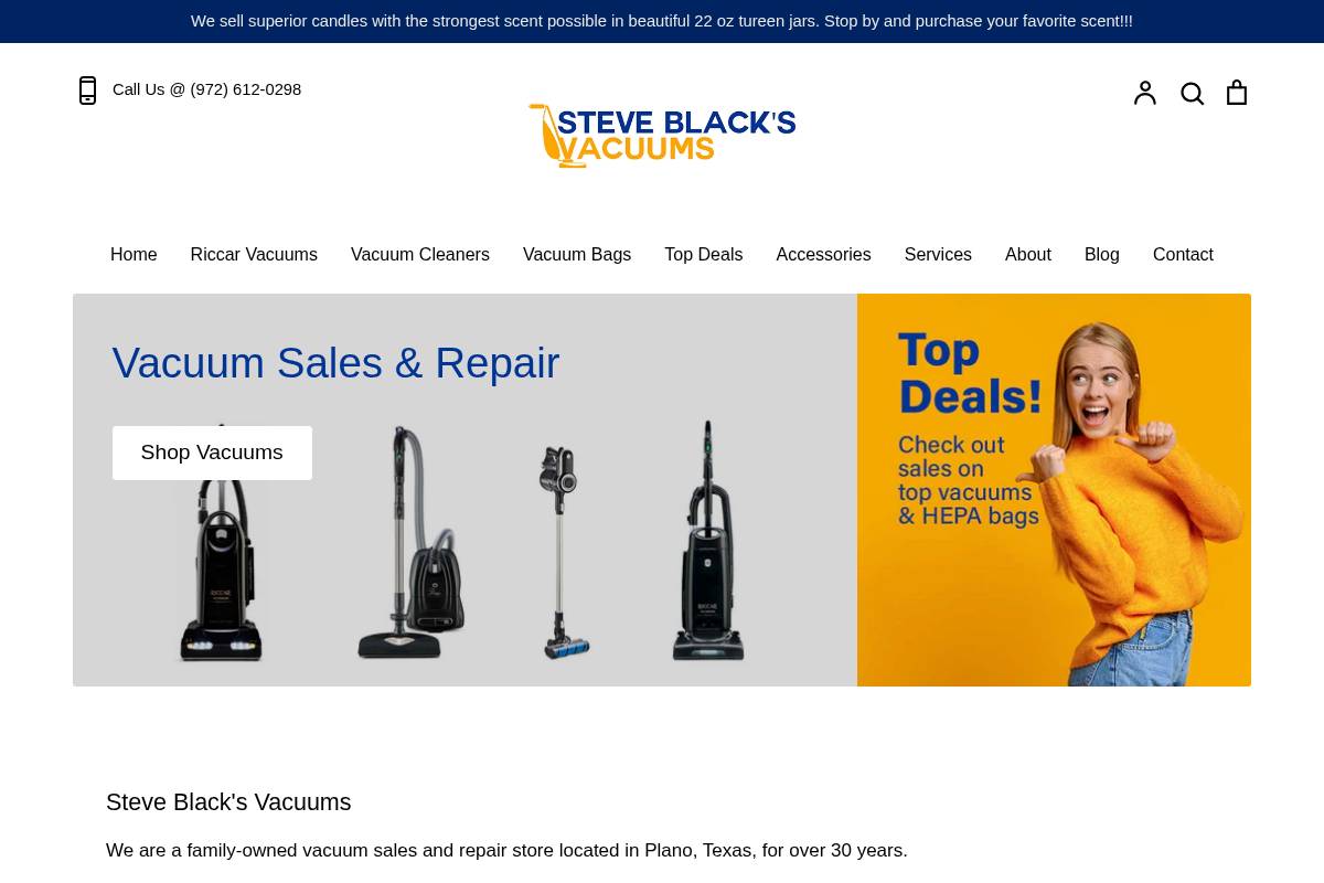 steveblacksvacuums.com homepage screenshot