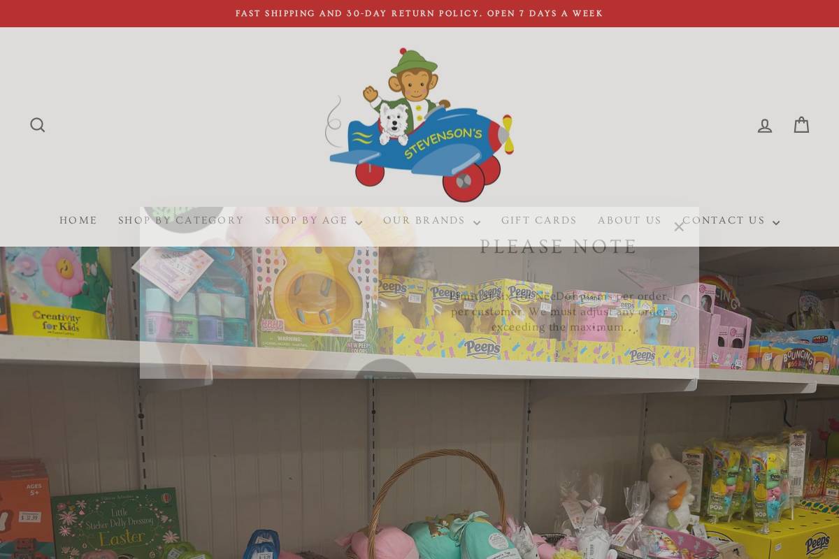 stevensonstoys.com homepage screenshot