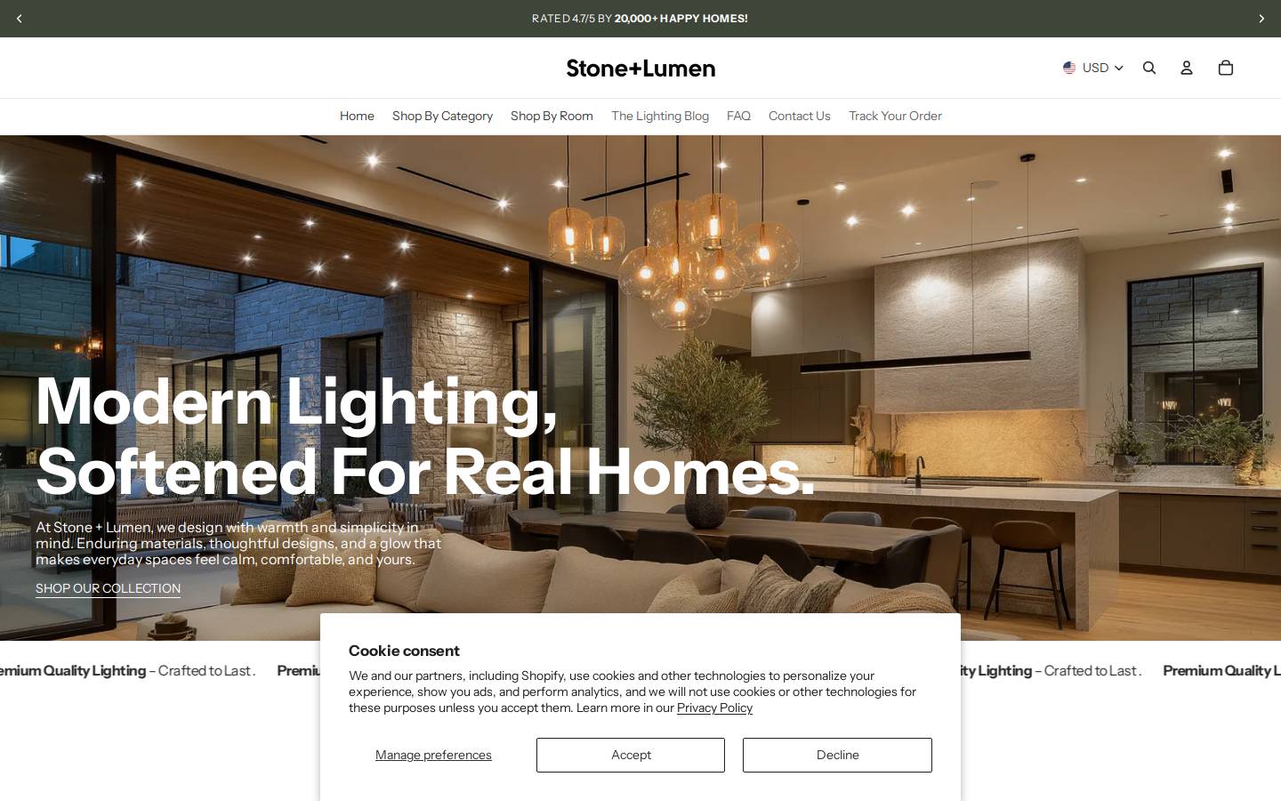 stoneandlumen.com homepage screenshot