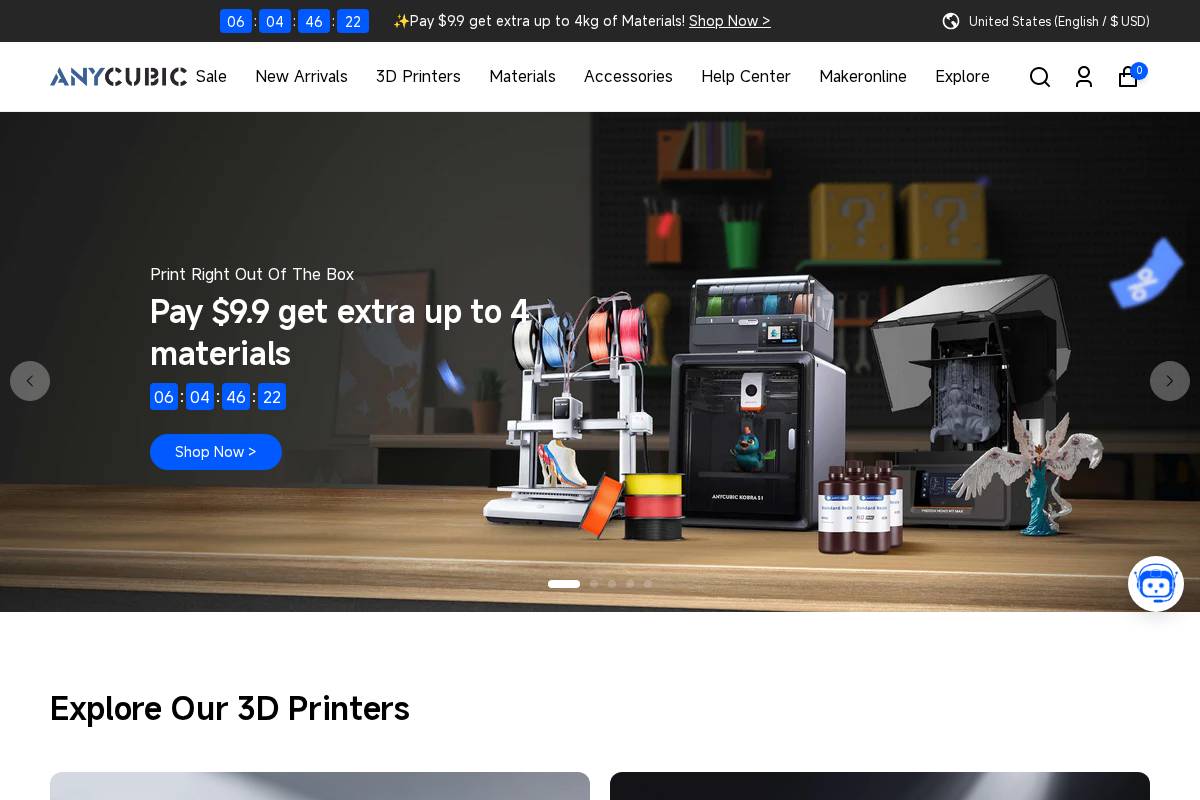 Store Anycubic homepage screenshot