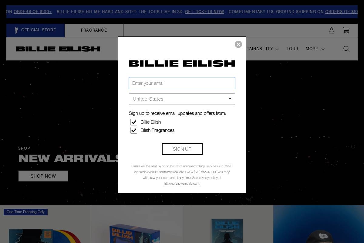 Store Billieeilish homepage screenshot