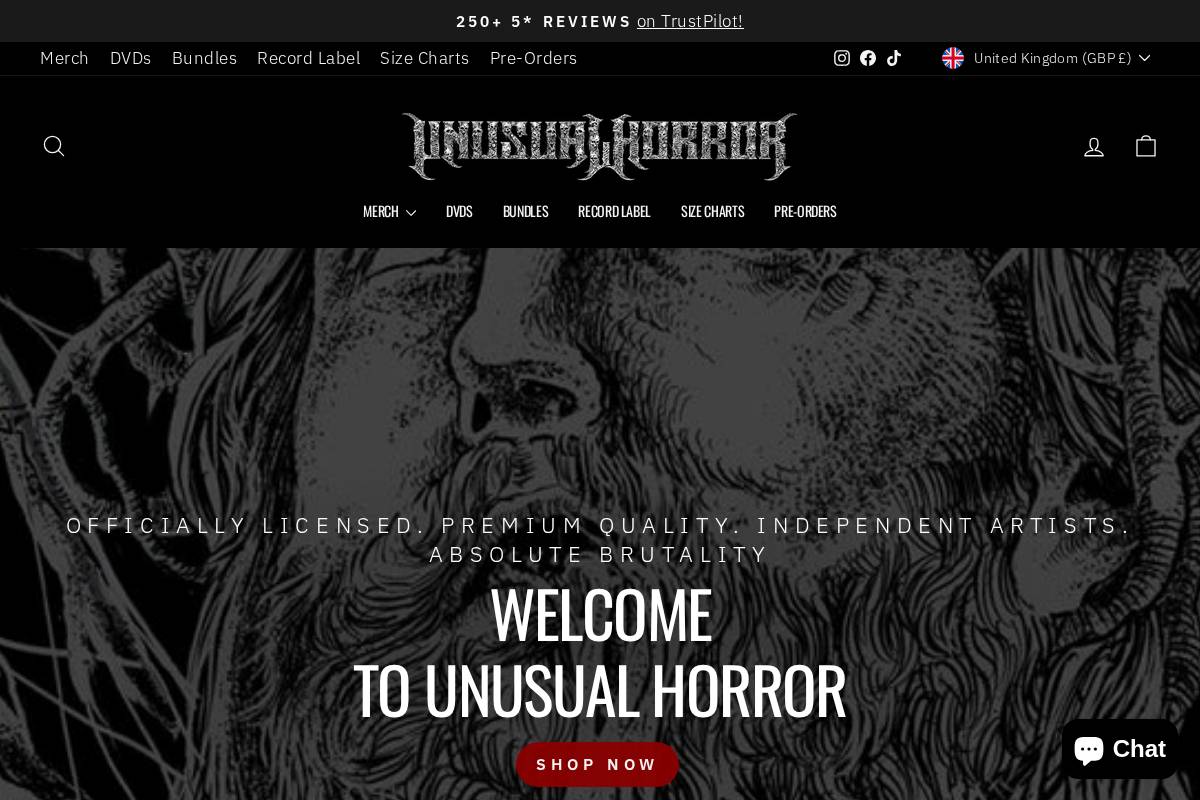Unusual Horror Store homepage screenshot