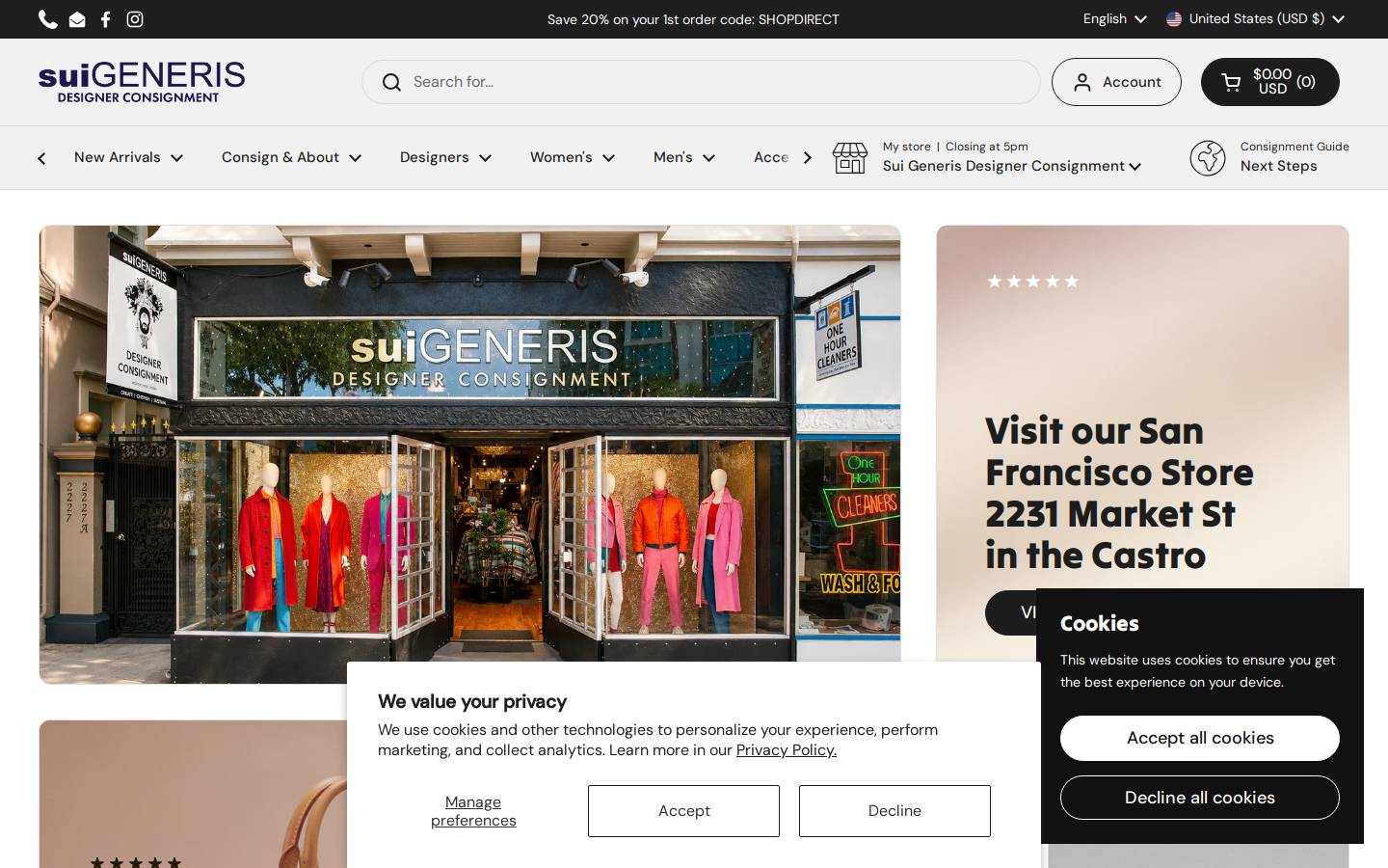 Sui Generis Consignment homepage screenshot