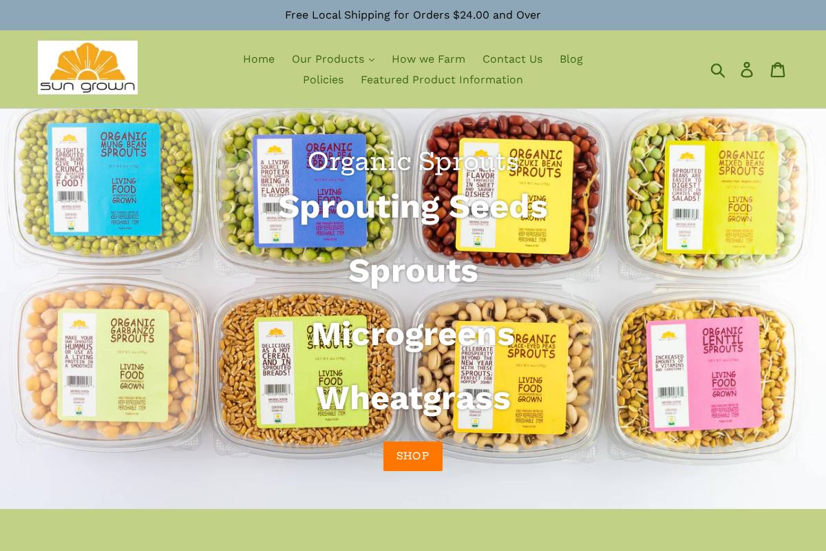 sungrownorganics.com homepage screenshot