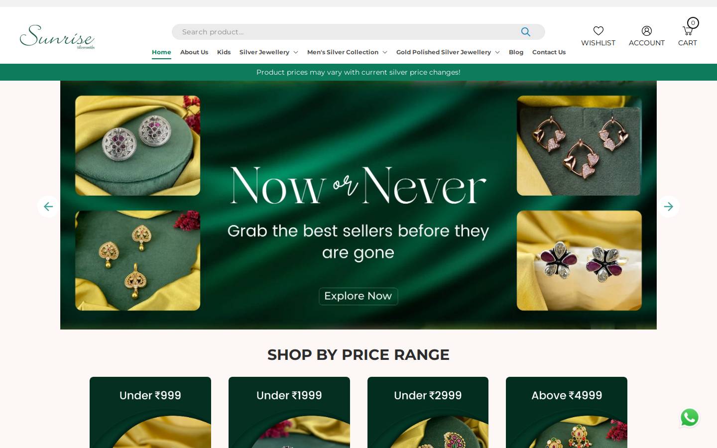sunrisesilversmiths.com homepage screenshot