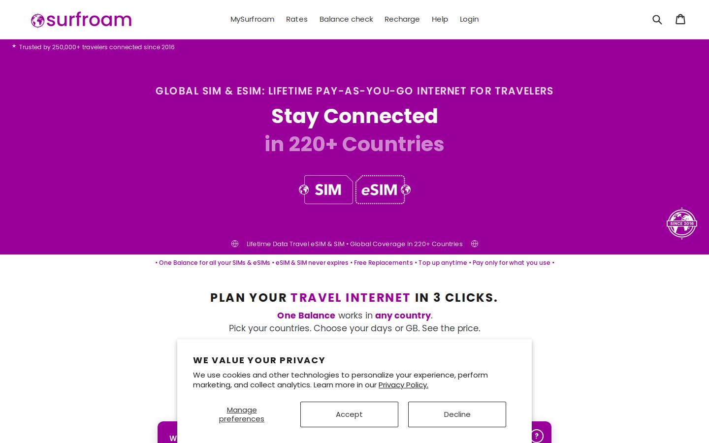 Surfroam homepage screenshot