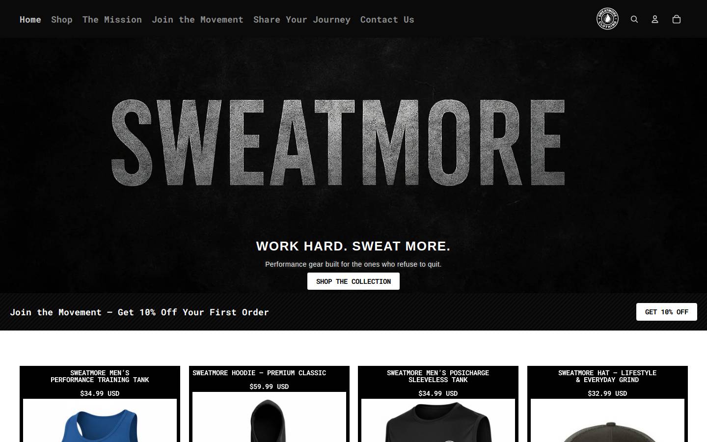 sweatmoreclothing.com homepage screenshot