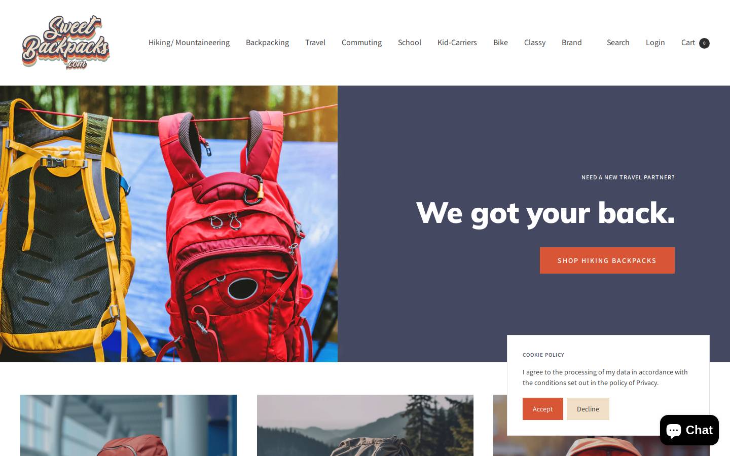 sweetbackpacks.com homepage screenshot