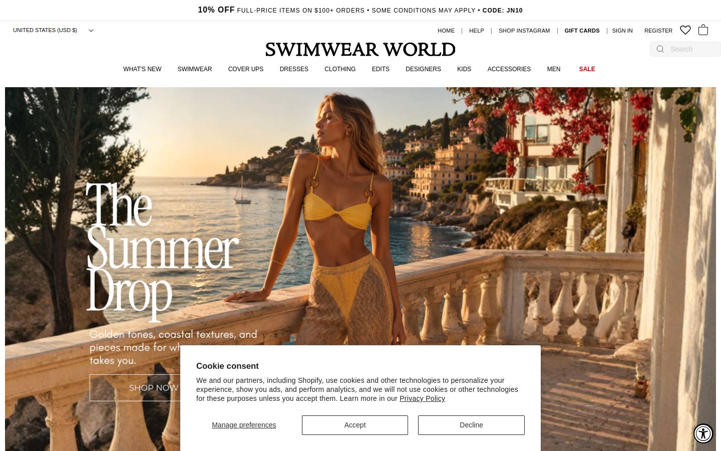 Swimwear World homepage screenshot