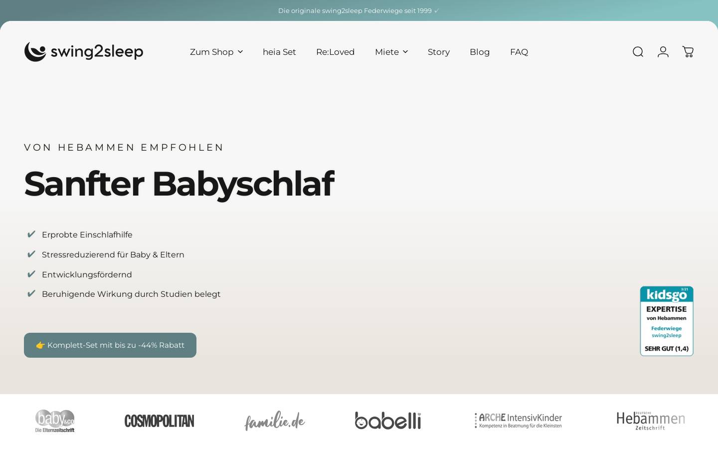 Swing2sleep homepage screenshot