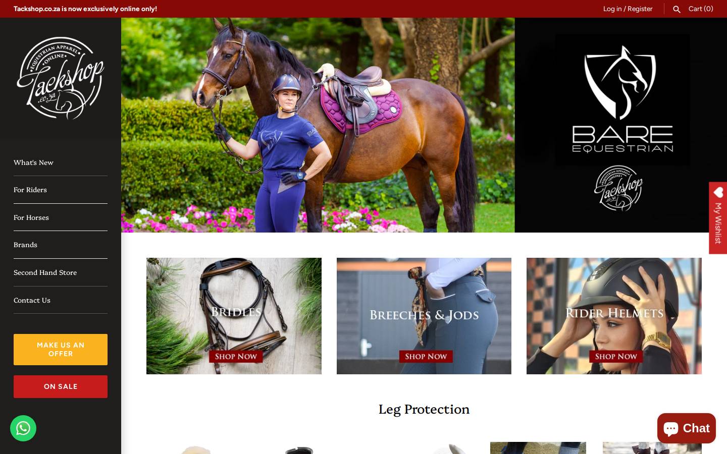 tackshop.co.za homepage screenshot