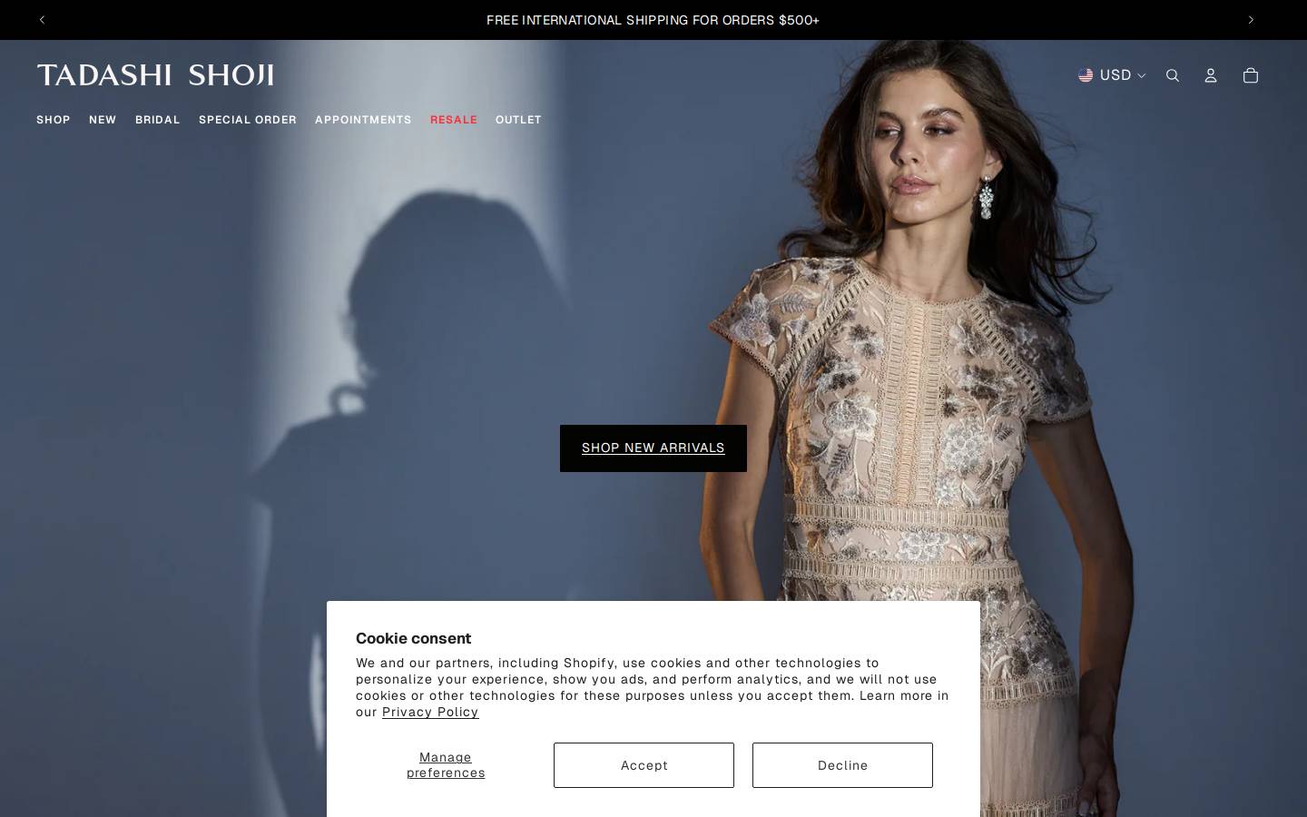 Tadashi Shoji homepage screenshot