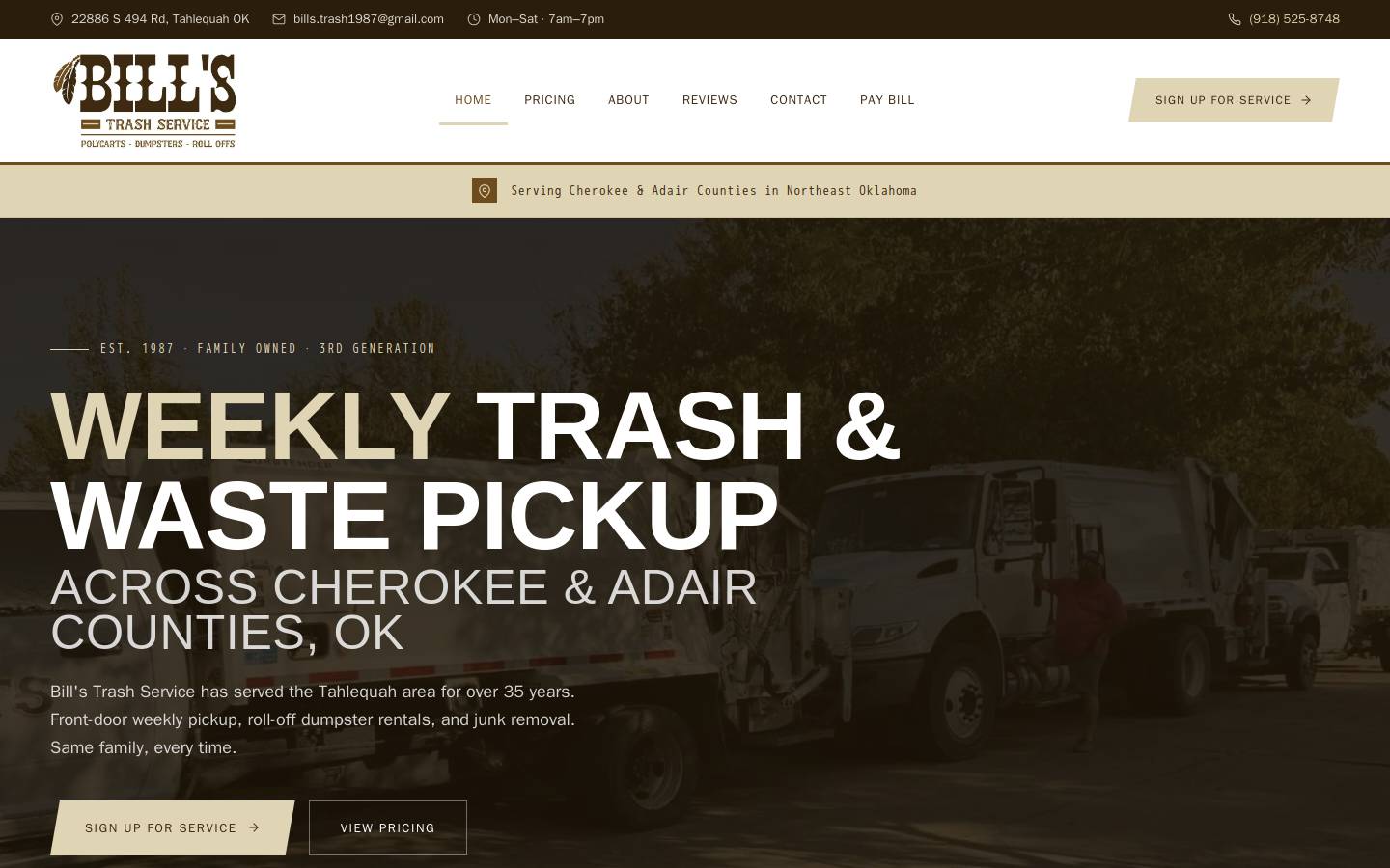 tahlequahtrashservice.com homepage screenshot