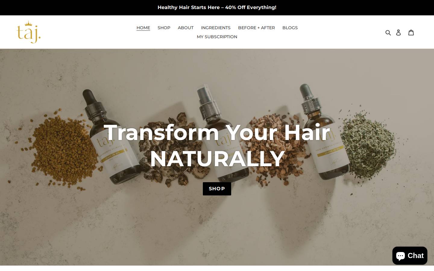 tajhairgrowth.com homepage screenshot