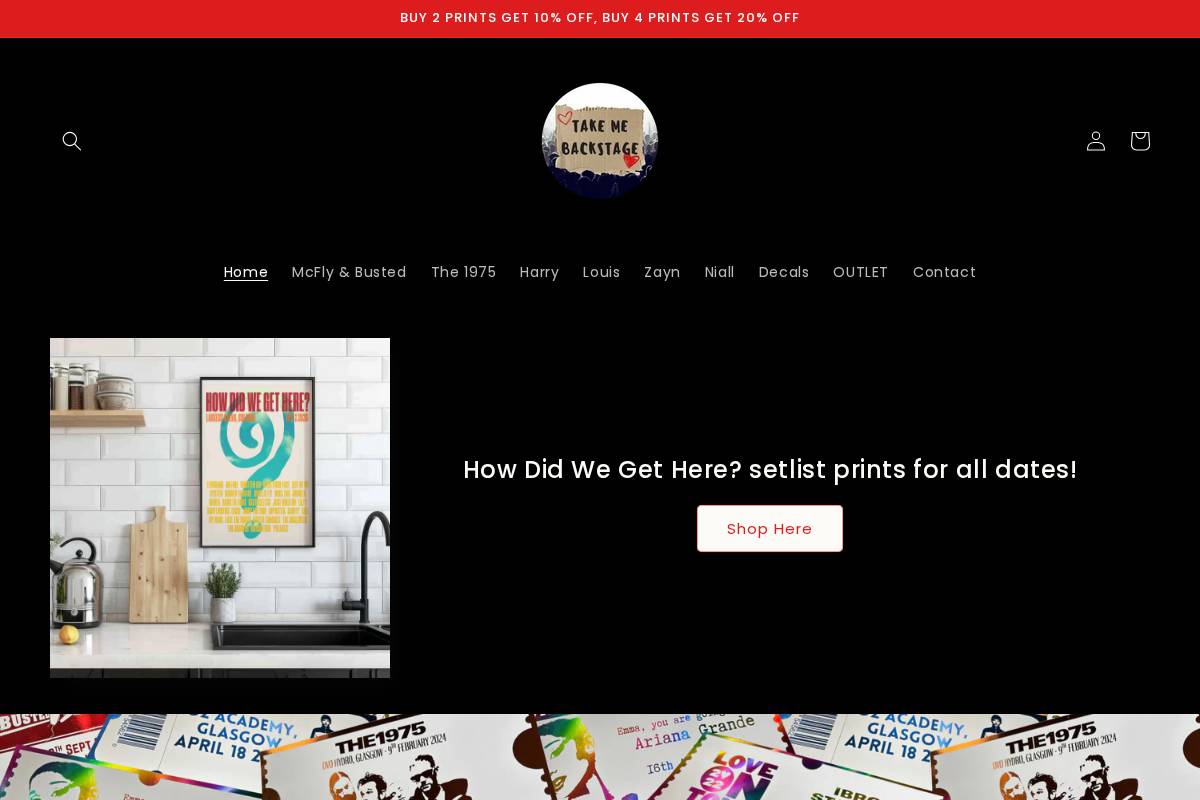takemebackstage.store homepage screenshot