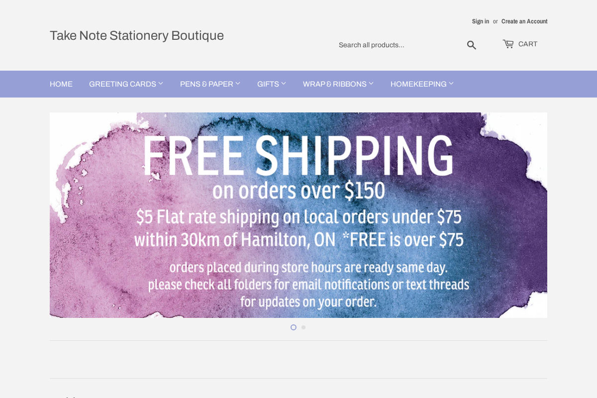 Take Note Stationery Boutique homepage screenshot