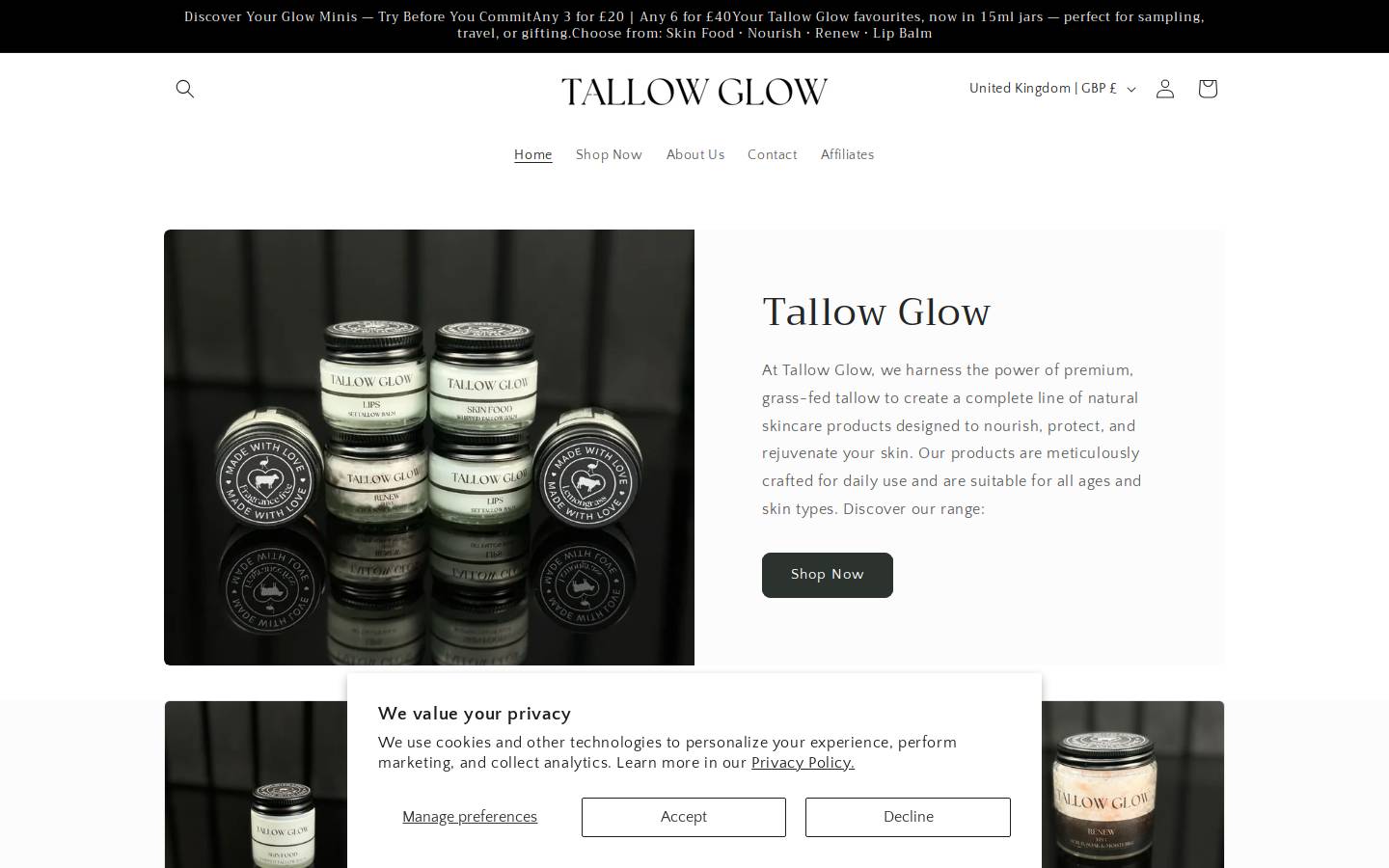 Tallowglow homepage screenshot