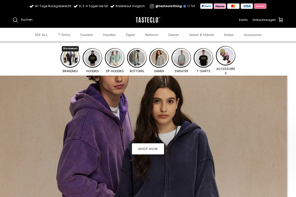 Taste Clothing homepage screenshot