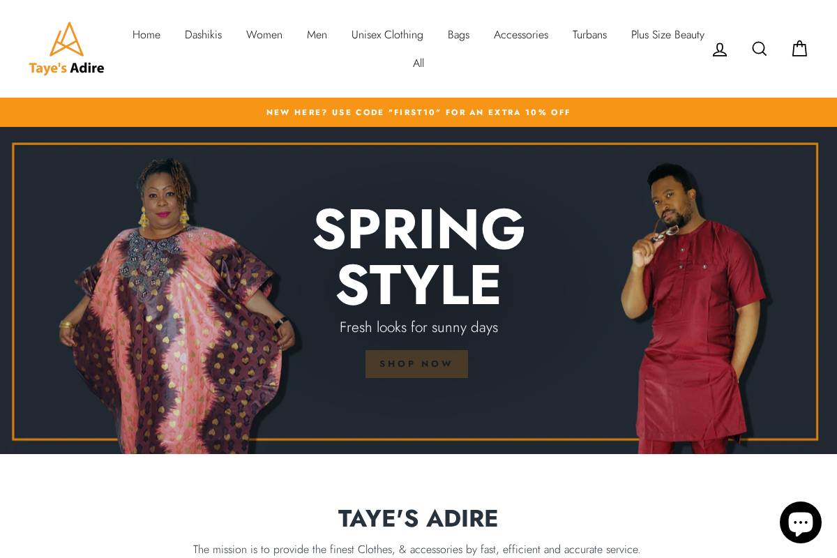 tayes-adire.com homepage screenshot