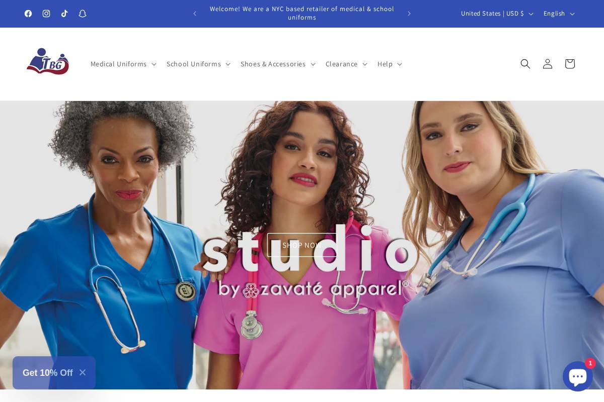 tbguniforms.com homepage screenshot