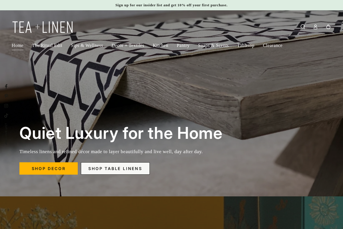 Tea + Linen homepage screenshot