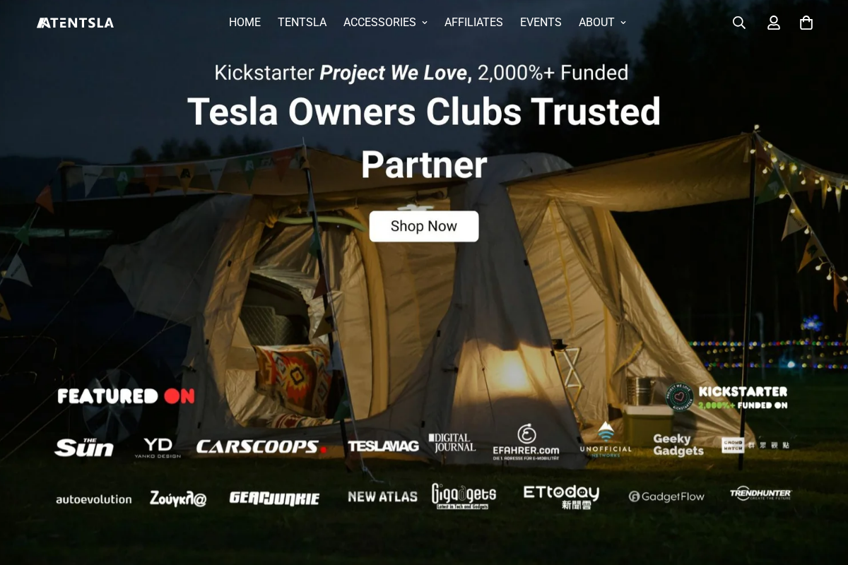 Tentsla homepage screenshot