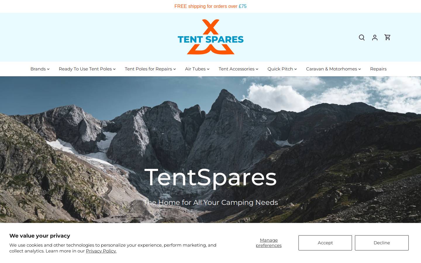 Tent Spares homepage screenshot